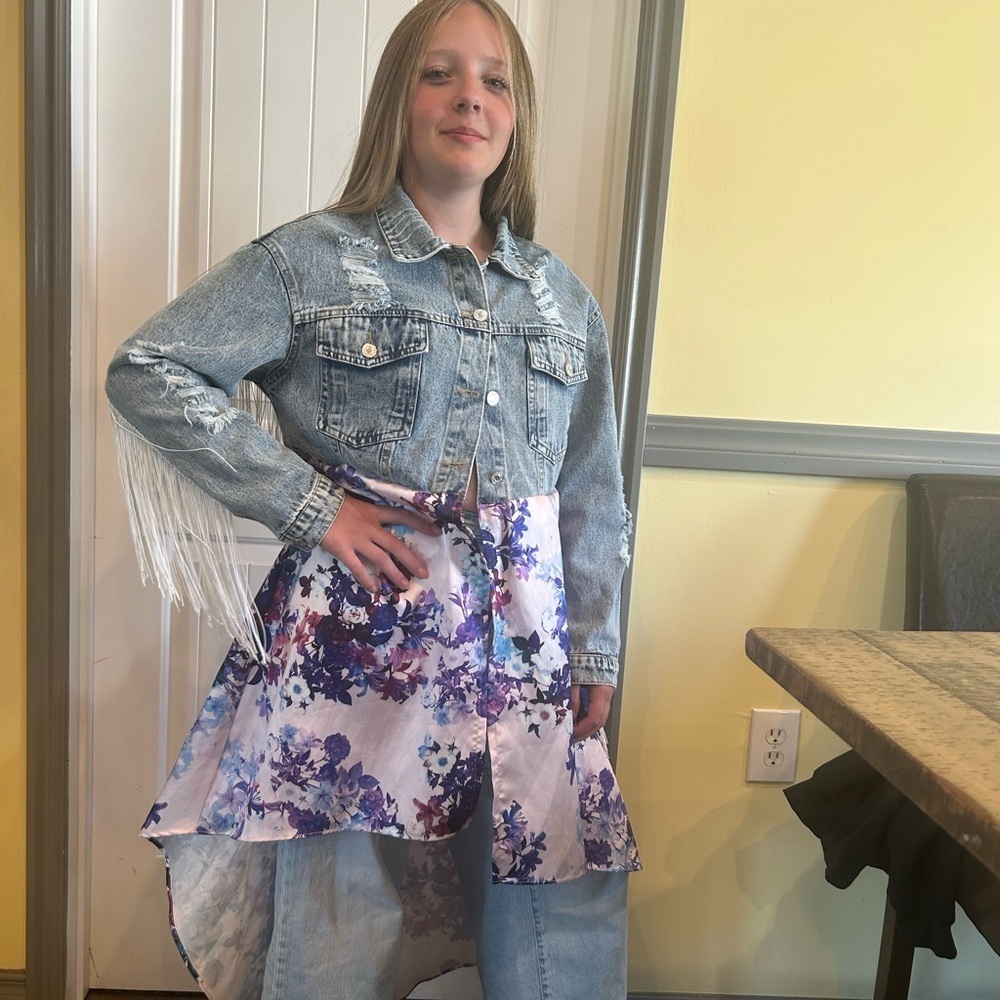 Denim Fringe Jacket Up-Cycles with Floral Dress.